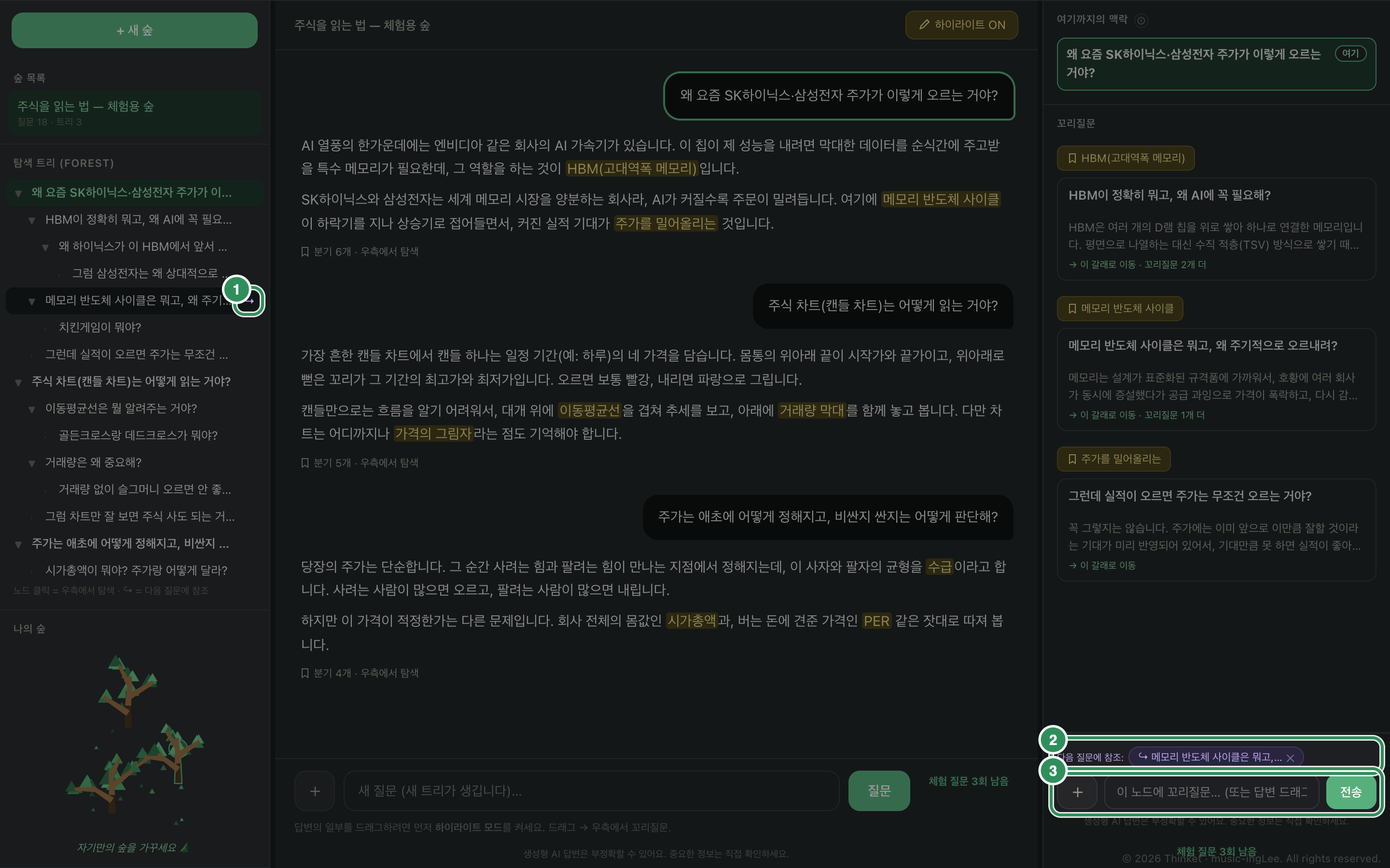 실제 화면: ① 좌측 트리 노드의 ↪ 버튼, ② 우측 입력칸 위 참조 바구니, ③ 입력칸