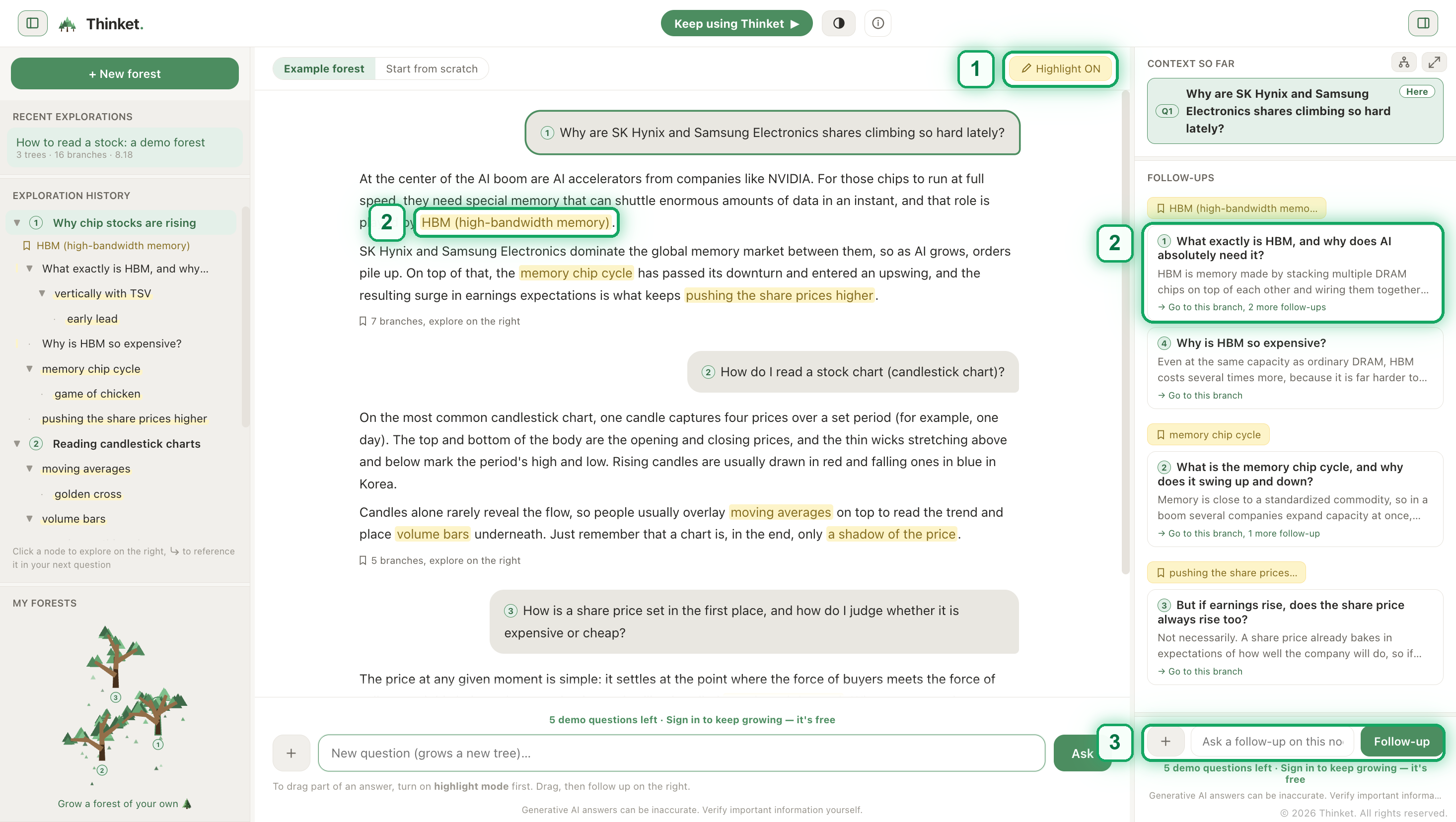 The actual screen: ① the highlight-mode toggle at the top of the center pane, ② a highlight in the answer with its branch open on the right, ③ the follow-up input on the right