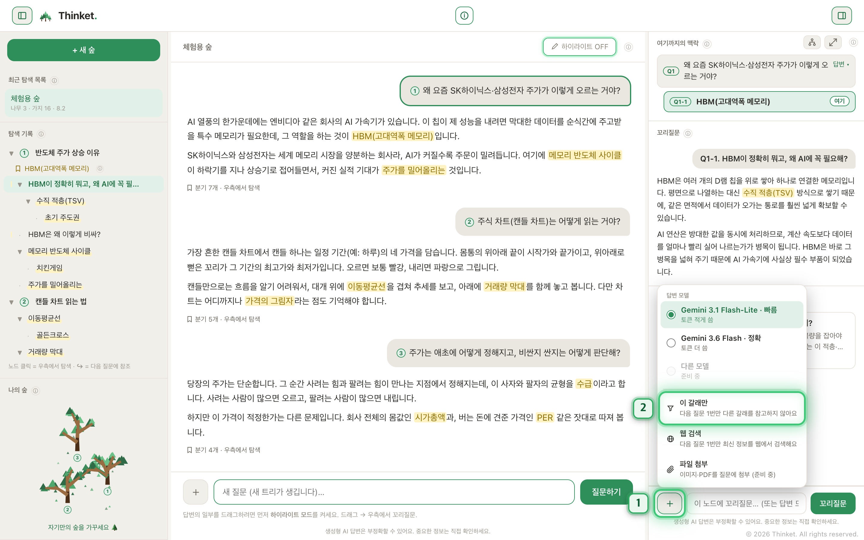 실제 화면: ① 입력칸 왼쪽 ＋ 버튼, ② 열린 메뉴 안의 '이 갈래만' 항목