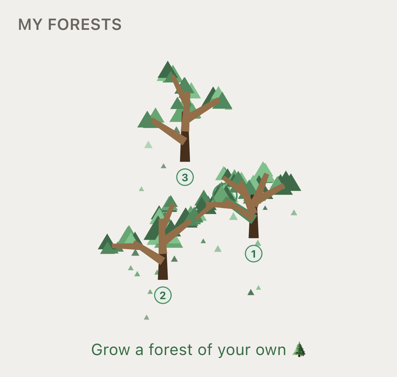The app's 'My forest' view: polygon trees planted in their own spots, forming a forest.